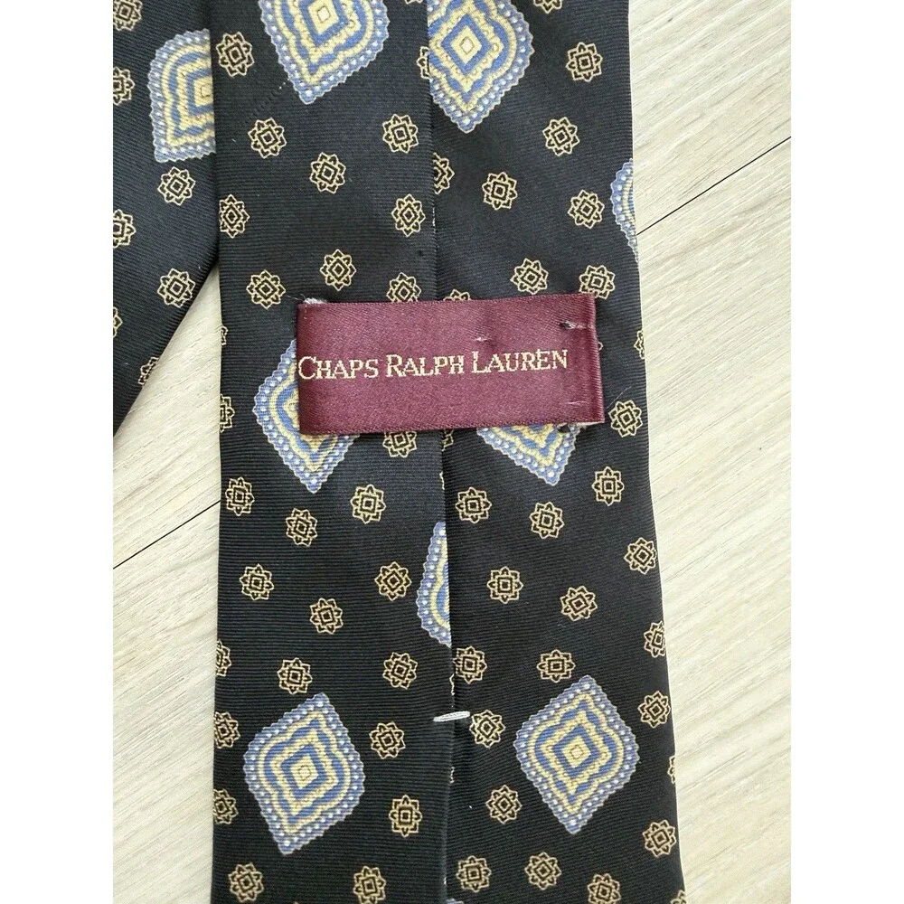 Vintage Chaps Ralph Lauren Men Silk Geometric Tie Black Blue Gold Pointed Woven